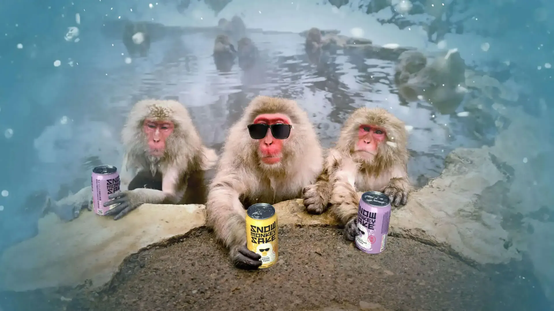 Snow Monkey Sake hero shot with monkeys in hot spring